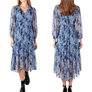 Joie Dress Womens Polyester Blue Parisian Paisley Floral V Neck High Low Midi XL